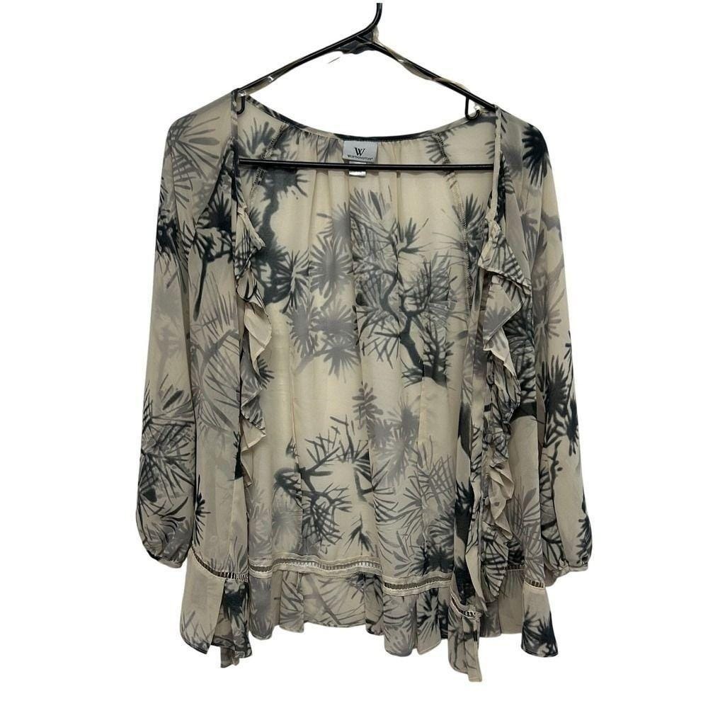 Sheer Pine Print Ruffle Blouse L Beige Black Button Front Romantic Boho Layering